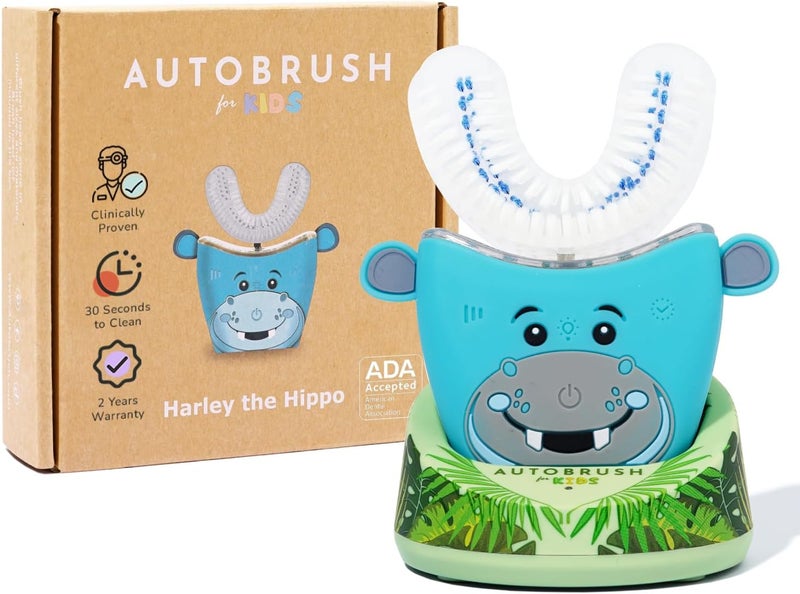 AutoBrush Kids Electric Toothbrush – Only ADA Accepted U-Shaped Toothbrush, Clinically Proven Up to 5.1X Better Cleaning, 30 Seconds, Full-Mouth 360 Coverage, LED Lights, Music, Ages 6-8, Hippo - Image 1